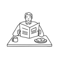 Man reading a newspaper at a coffee table with cookies vector