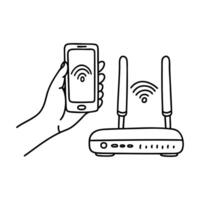 Hand holding smartphone close to router to get better signal vector