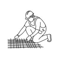 Worker arranging rebar mesh on building foundation vector