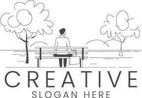 Relaxing Man Sitting Park Bench Peaceful Trees Nature calm rest line grey alone clean vector