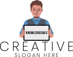 Smiling Man Holding Tablet Knowledgeable Creative Design flat icon happy style clean vector