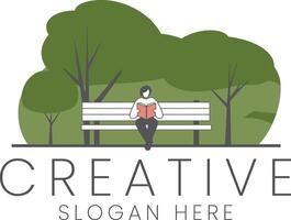 Person Reading Book on Park Bench Green Trees Nature joy calm flat icon rest style vector