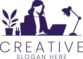 Stylish Woman Working Laptop Modern Office Creative Design desk flat icon neat lamp vector