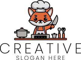 Adorable Fox Chef Cooking Delicious Food Illustration pot cute meal gray fork white vector