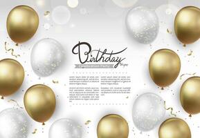 Gold and white balloons on white background with the word Happy Birthday in the middle vector