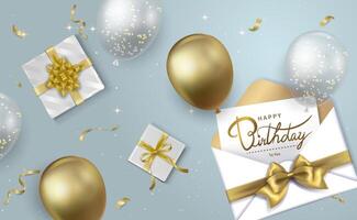 Open envelope with happy birthday greeting card, balloons and gifts in the background vector