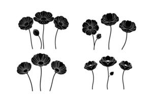 hand drawn poppy flowers silhouette collection. vector