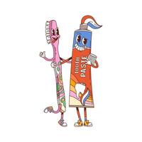 Cartoon groovy toothpaste or toothbrush characters vector