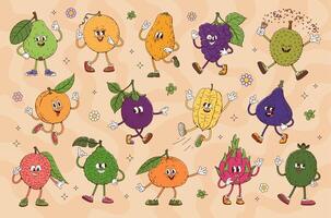 Cartoon groovy fruit characters with happy faces vector