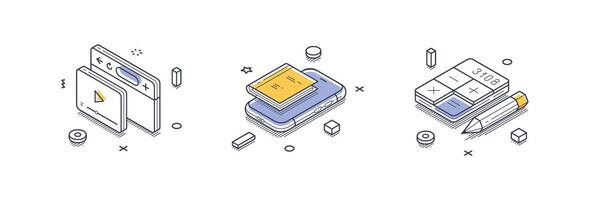 Isometric line icons representing online education with modern design elements vector