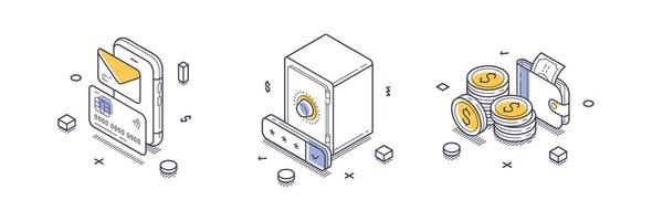 Isometric line icons representing finance and banking concepts with modern design elements vector