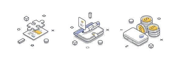 Isometric line icons representing business solutions and financial management elements vector