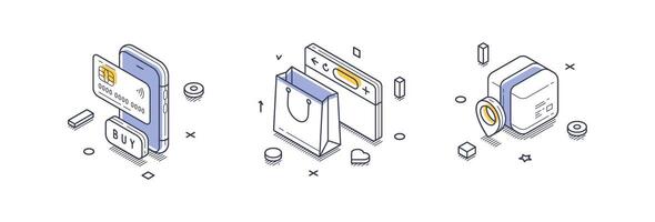 Exploring modern online market transactions with isometric line icons and infographics vector