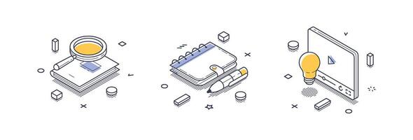 Isometric line icons representing elements of online education and learning tools vector