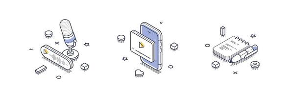 Creative tools for content creation including microphone, smartphone, and notebook vector