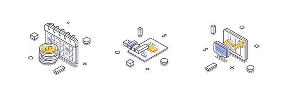 Visual representation of financial report concepts with isometric line icons in modern style vector
