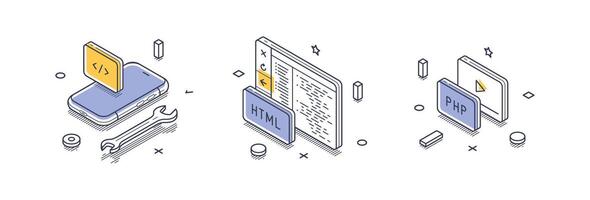 Isometric line icons showing web development elements including coding, HTML, and PHP tools vector