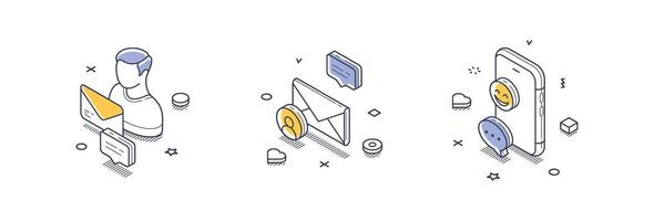 Isometric line icons showcasing various social media communication methods and symbols vector