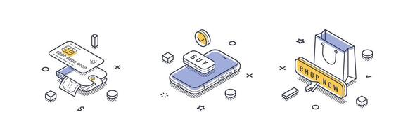 Modern isometric line icons for online shopping with payment methods and shopping prompts vector