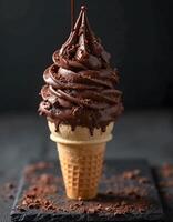 Dark Chocolate Ice Cream in Chocolate-Dipped Cone with Chocolate Shavings on Slate photo