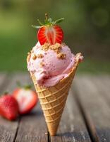 Strawberry Cheesecake Ice Cream Cone with Graham Cracker and Strawberry Slice photo