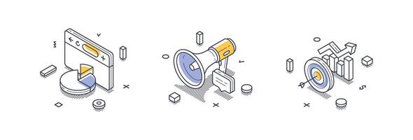 Isometric line icons representing online marketing strategies and communication tools vector