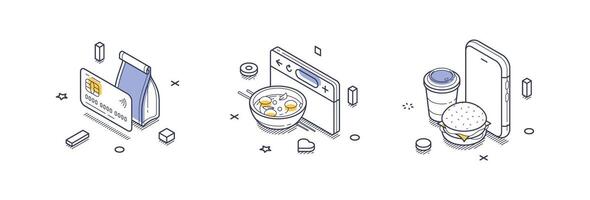 Vertical representation of isometric line icons depicting modern food delivery elements vector