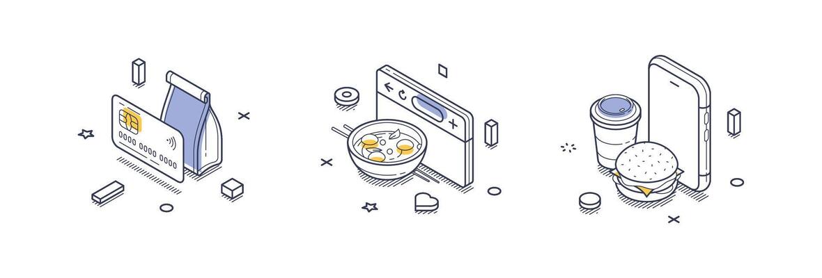 Vertical representation of isometric line icons depicting modern food delivery elements