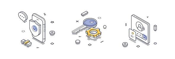 Isometric line icons representing internet security concepts and digital protection tools vector