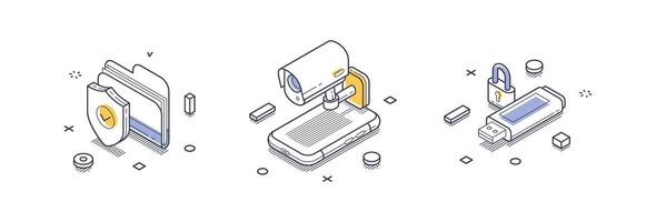 Isometric line icons representing various aspects of data protection in a modern style vector