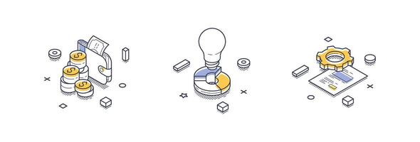 Isometric line icons representing various aspects of business startup activities vector