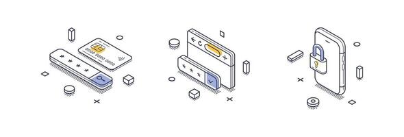 Modern isometric line icons representing data protection and security concepts vector