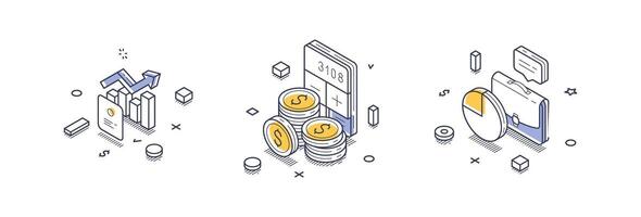 Modern isometric line icons representing financial report concepts for clear infographics vector