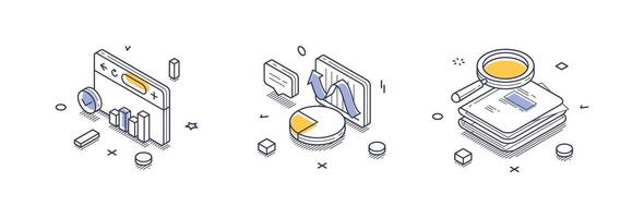 Modern isometric line icons representing data analysis concepts and infographics design vector