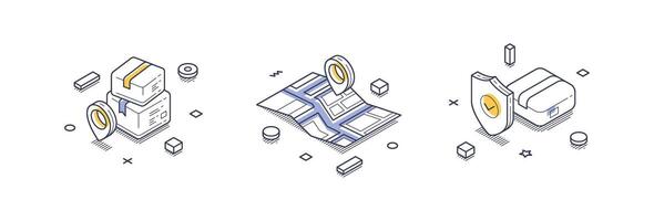 Isometric line icons for delivery service showcasing packages, maps, and security features vector