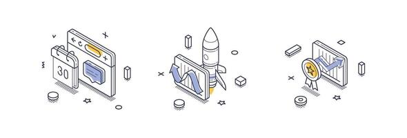 Creative isometric line icons for business startup concepts and growth vector