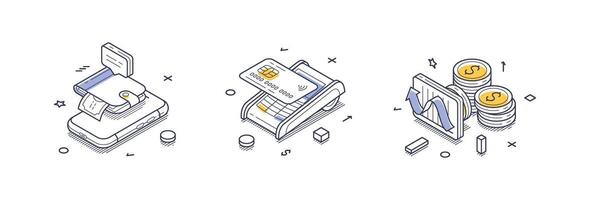 Modern isometric line icons illustrating various aspects of online payments and transactions vector
