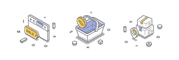 Isometric line icons representing online shopping related activities and items vector