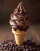 Mocha Ice Cream in Chocolate-Dipped Cone with Chocolate Shavings photo