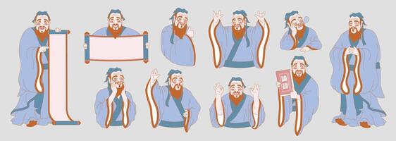 Confucius Cartoon Set, Ancient Chinese Philosopher in Various Poses and Gestures in flat design style vector