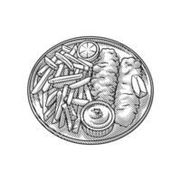 Detailed Fish and Chips Illustration in Classic Engraving Style vector