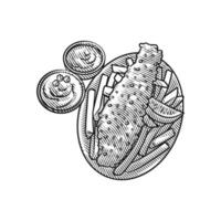 Elegant Fish and Chips Design with Intricate Engraving Details vector