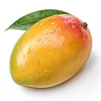 Fresh Ripe Mango With Leaf And Water Droplets Isolated On White photo