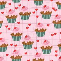 cakes with Red hearts on grid cell checkered seamless pattern pastry Valentines texture vector