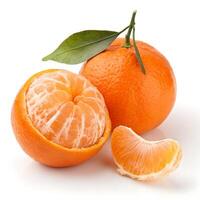 Fresh Clementine Mandarin Still Life With Leaf And Peeled Segment On White photo