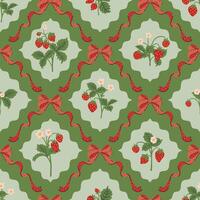 wild strawberry coquette ribbon bow trellis checkered seamless pattern Damask Rhombus Background vector
