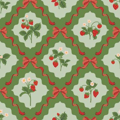 wild strawberry coquette ribbon bow trellis checkered seamless pattern Damask Rhombus Background