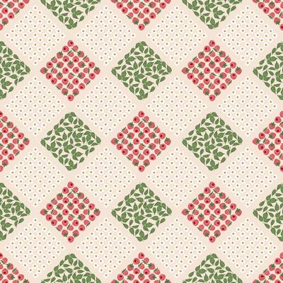 Raspberry berries flowers, checkered seamless pattern. geometric rhombuses berries texture