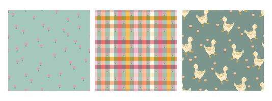 pattern set goose or duck, spring flower tulip, checkered background, nursery, fabric, birthday vector