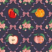 coquette trellis bow, apples seamless pattern. Coquette preppy bows texture for tablecloth vector